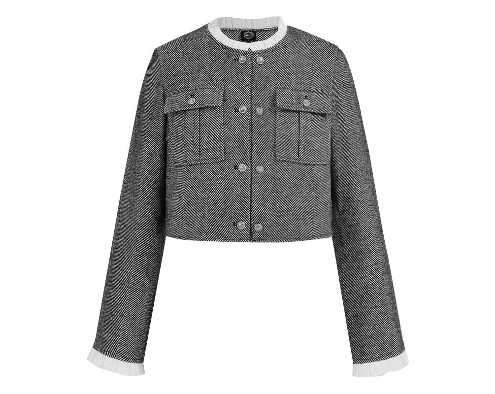 Grey Pleated Round Neck Short Coat (1)